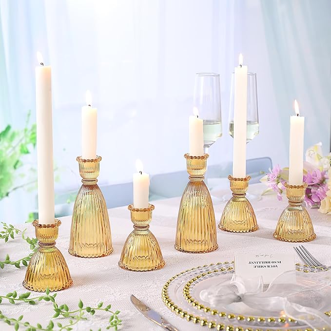 6 Pcs Amber Glass Candlestick Holders (3.5"/6", Assorted)- Tall Taper Candle Holders with Vintage Design, Candle Stick Holders in Bulk for Fall Party Decor, Amber Candle Holder for Tapered Candles