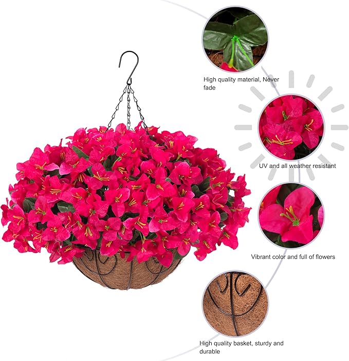 Artificial Fake Hanging Flowers Plants Basket for Outdoors Decoration, Faux Silk Bougainvillea Flowers in Planter UV Resistant Realistic Flower for Outside Porch Patio Garden Yard Home Decor (Hotpink)
