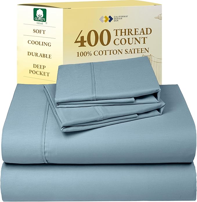 California Design Den Queen Sheet Set - Soft 400 Thread Count Sateen, Natural 100% Cotton Sheets for Queen Size Bed, Deep Pockets for a Snug Fit, Durable Bedding - Sky Blue