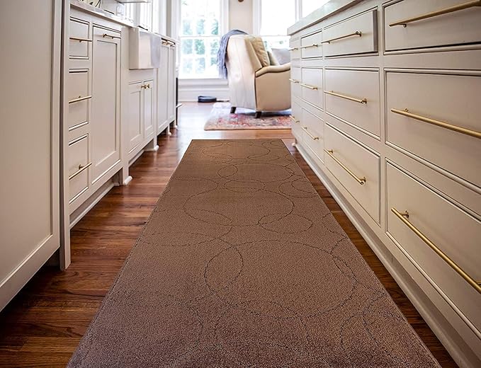 Custom Size Modern Geometric Pattern Carpet Runner Rug for Hallways, Slip Resistant Latex Rubber Backed, 31 inch Wide X Customized Length, Circles Brown, 31 inch X 23 feet