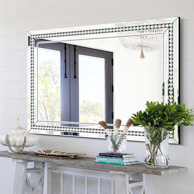 32" X 47" Large Wall Mirror for Decor Living Room, Rectangular Crystal Mirror with Glass Tiles Frame, Unique Horizontally/Vertically Hang for Living Room, Bathroom, Entrance Decor