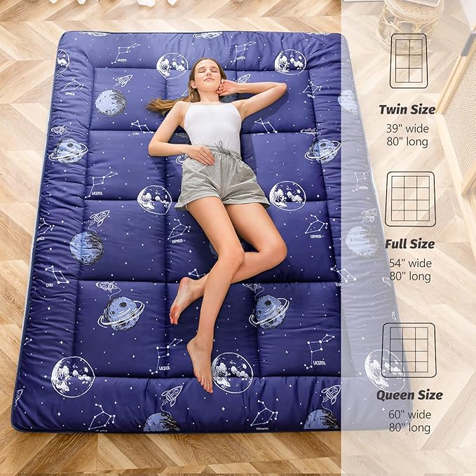 MAXYOYO Navy Space Adventure Futon Mattress, Japanese Floor Mattress Quilted Bed Mattress Topper, Extra Thick Folding Sleeping Pad Breathable Floor Lounger Guest Bed for Camping Couch, Full