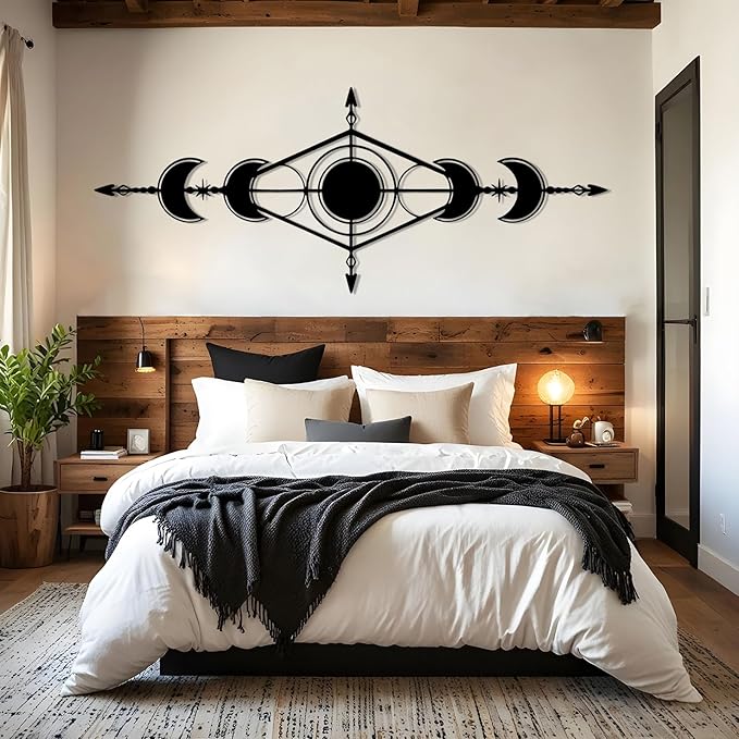 Hfrolixit Moon Phase Metal Wall Decor, Boho Moon Metal Wall Art, Celestial Wall Decor, Scandinavian Natural Wall Art, Astrology Wall Hanging (White, 41"x17"/105x42cm)