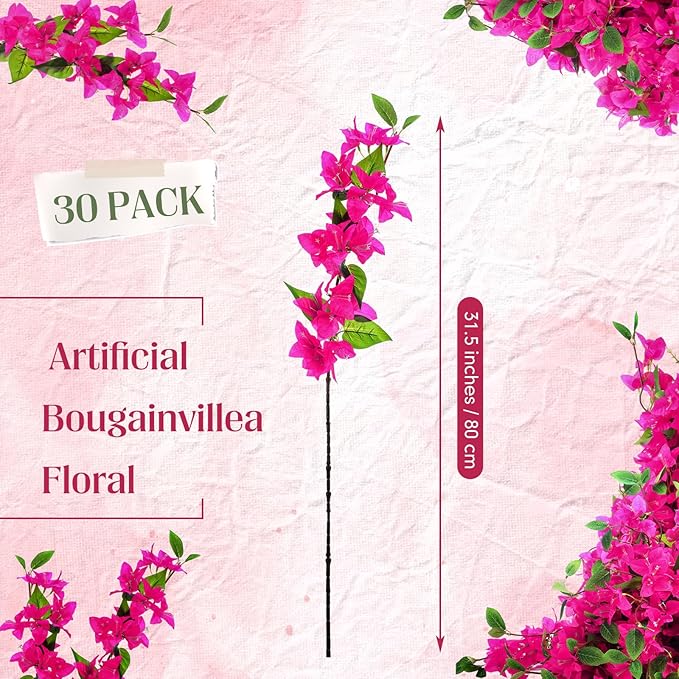 30 Pcs Artificial Faux Bougainvillea Fake Flower Silk Bougainvillea Branches UV Resistant Outdoor Indoor Decoration for Wedding Home Centerpieces Outside Decor (Rose Purple)