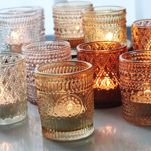 12 pcs Glass Votive Candle Holders, 6 Colors 3 Patterns Tealight Candle Holders for Fall Wedding Table Centerpiece Birthday Decoration
