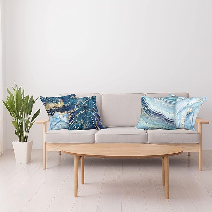 Ambesonne Marble Print Throw Pillow Cushion Case Pack of 4, Modern Themed Pastel Stone Stain Look Veins Aquatic, Tones for Decorative Home Accent Double-Sided Digital Printing, 16", Pale Blue Indigo