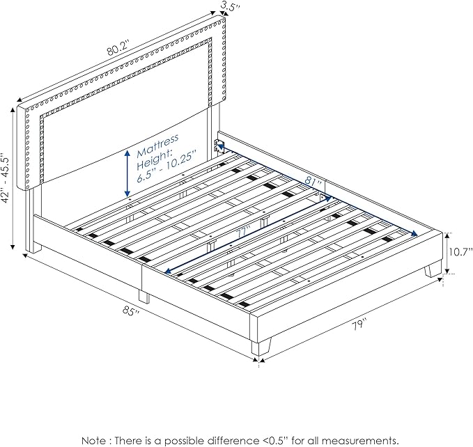 Furinno Laval Double Row Nail Head Upholstered Platform Bed Frame, King, Stone
