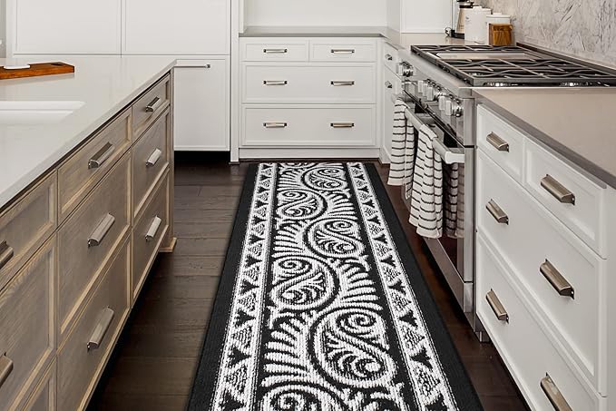 Custom Length Cut to Size Tribal Ethnic Southwestern Inspired Hallway Runner Rug, Non Slip Rubber Backed, 31 inch Wide X Customized Length, Mayan Black, 31 inch X 8 feet