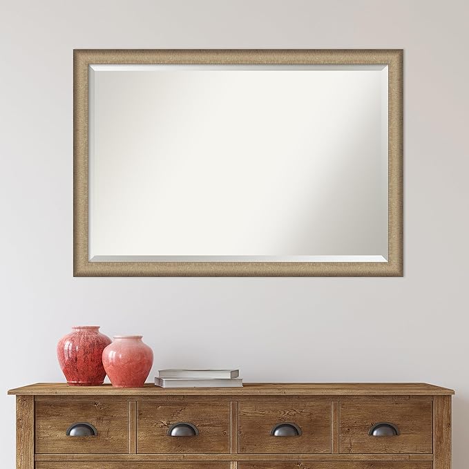 Amanti Art Bronze Bathroom Mirror for Over Sink, 27x39 Elegant Brushed Bronze Narrow Rectangle Vanity Mirror, Large Casual Frame, Hangs Horizonally and Vertically, Bathroom Wall Decor, Beveled Edge