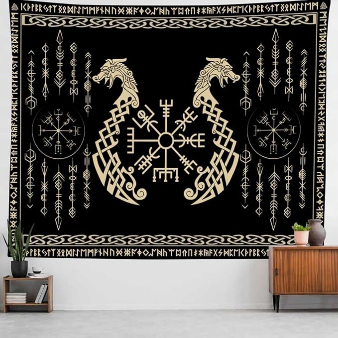 OSUNBD Nordic Vikings Tapestry, Large 11878 inches Soft Flannel, Vegvsir Symbol Twins Dragons Celtic Rune Scandinavian Aesthetic Mythology Tapestry Wall Hanging for Bedroom Living Room Decor