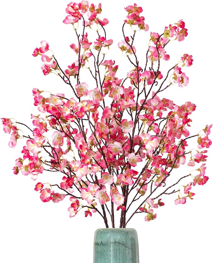 4 Pcs Artificial Cherry Blossom Flower Branches, Bulk Silk Faux Flowers Real Touch Bouquet for Home Wedding Party Centerpieces Spring Summer Decor, Vase Not Included(Deep Pink)
