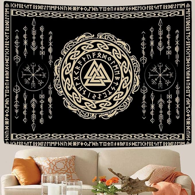 OSUNBD Nordic Viking Tapestry Wall Hanging - Large 106x70 inches Soft Flannel with Valknut, Celtic Runes & Norse Mythology Scandinavian for Bedroom, Living Room Decor
