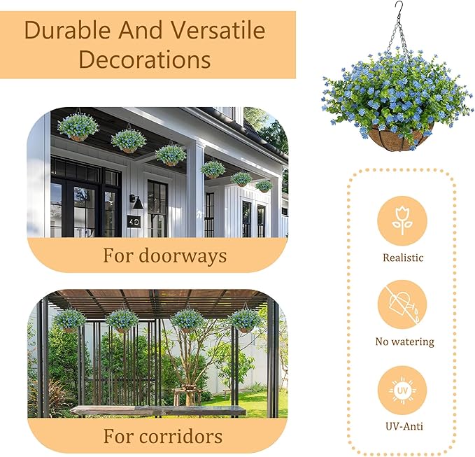 Artificial Hanging Flowers Basket for Outdoor, 16 Fake Flowers Look Real UV Resistant, Faux Hanging Plants for Porch, Balcony, Patio, Garden, Spring Summer Decor,Blue