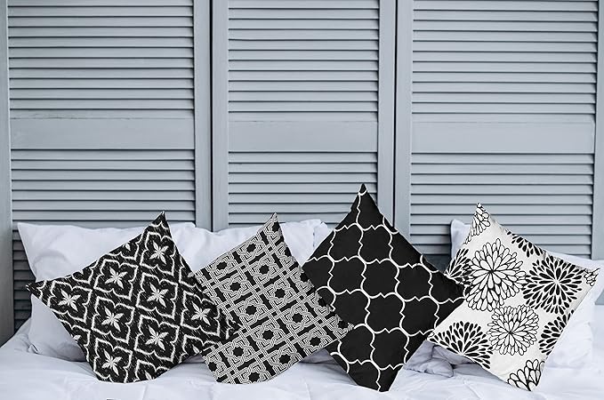 Ambesonne Vintage Throw Pillow Cushion Case Pack of 4, Monochrome Design Grid Trellis Quatrefoil Mesh and Dahlia Flowers Modern, Modern Accent Double-Sided Digital Printing, 24", Charcoal Grey White