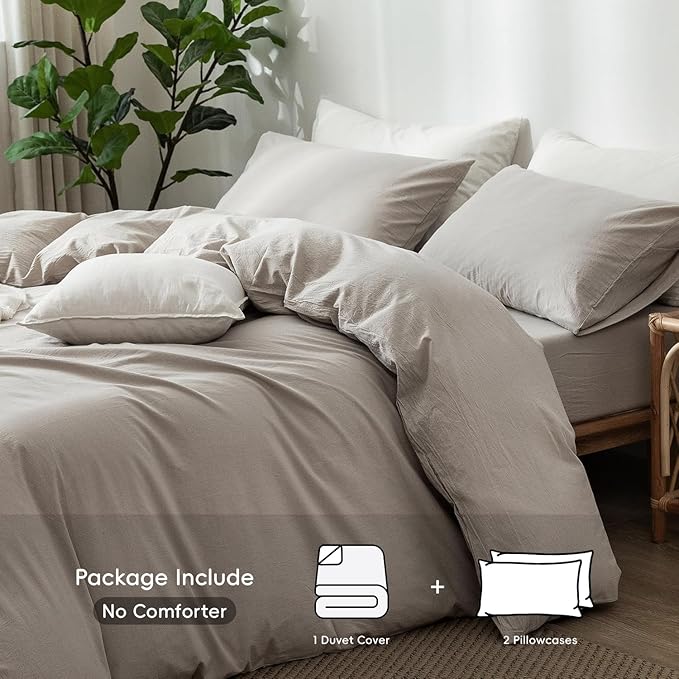 MooMee Bedding Duvet Cover Set 100% Washed Cotton Linen Like Textured Breathable Durable Soft Comfy (Heathered Cream Grey, Alaska King 132"x120")