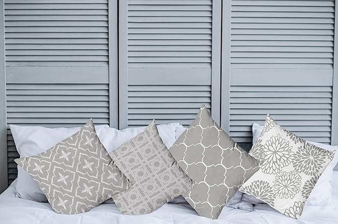Ambesonne Vintage Throw Pillow Cushion Case Pack of 4, Monochrome Design Grid Trellis Quatrefoil Mesh and Dahlia Flowers Modern Print, Modern Accent Double-Sided Digital Printing, 20", Grey White
