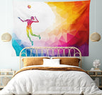 Lunarable Volleyball Tapestry, Colorful Polygonal Background Triangles Jumping Woman Striking The Ball, Wide Wall Hanging for Bedroom Living Room Dorm, 80" X 60", Purple Blue