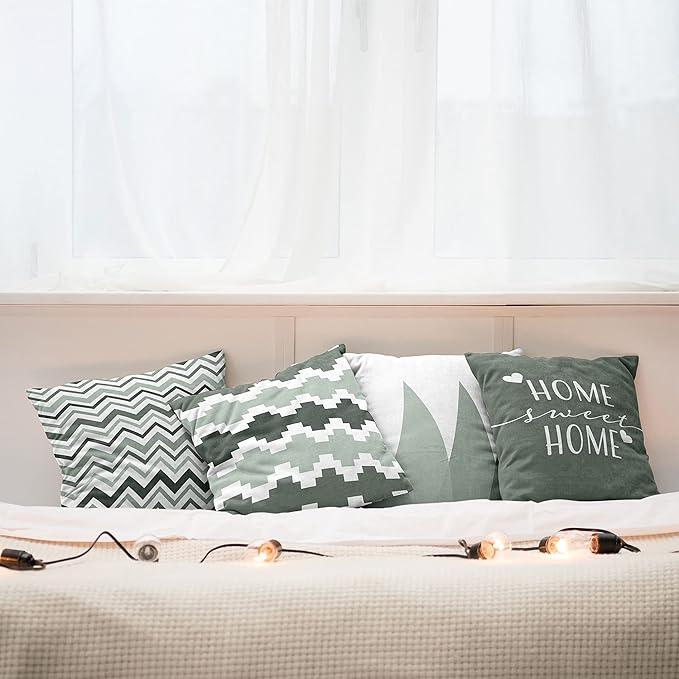 Ambesonne Modern Throw Pillow Cushion Case Pack of 4, Geometric Style Pattern of Triangles Zigzags Love Home Phrase Print, Modern Accent Double-Sided Digital Printing, 16", Dark Sea Green and White