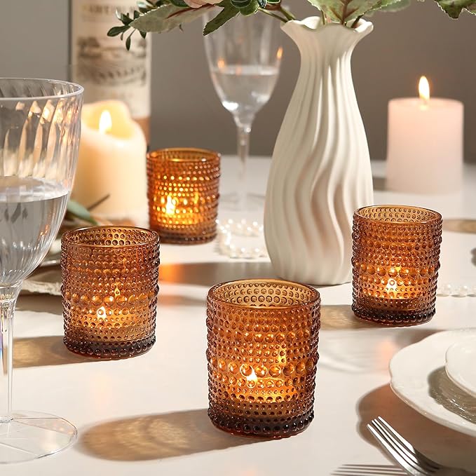 48pcs Amber Votive Candle Holders Votive Candles for Table, 2x2.5in Vintage Glass Small Tea Light Candles Holders for Candle Making Holder, Tealight Candle Holder for Wedding Centerpieces