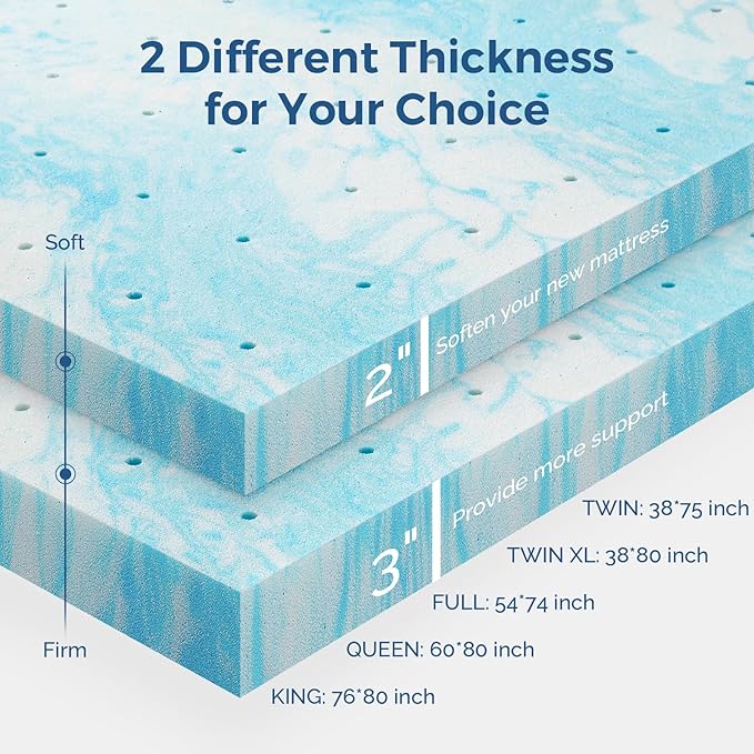 Mattress Topper Twin XL, 2 Inch Gel Memory Foam Bed Topper for Twin XL Size Bed, CertiPUR-US Certified, Blue