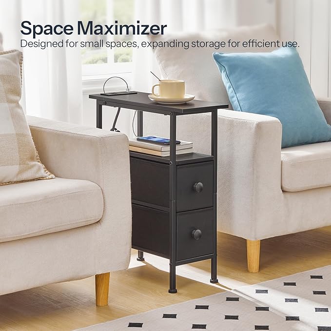 HOOBRO End Table with Charging Station, Narrow Side Table with 2 Fabric Drawers, Skinny Nightstand with Storage, Slim Bedside Table for Bedroom, Living Room, Small Spaces, Black BB487UBZ01