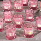 Vintage Ribbed Pink Glass Tealight & Votive Candle Holders (Set of 12) - Wedding, Bridal Shower Party Table Decor, Fall, Boho, Shelf Decoration