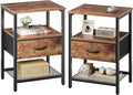 Huuger Nightstand Set of 2, Night Stand with Fabric Drawer, Mesh Shelf, Side Table with Storage, Fabric Drawer Dresser, Open Shelf, Metal Frame, Bedroom, Rustic Brown