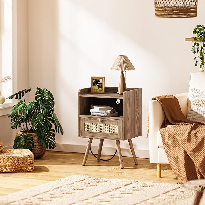 SUPERJARE Nightstands Set of 2, Night Stands with Charging Station & PE Rattan Decor Drawer, Bed Side Tables with Solid Wood Feet, End Table, for Bedroom, Living Room, Walnut
