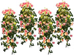 RECUTMS Artificial Hanging Rose Flower 4PCS Vine Plants with 30 LED Fairy String Lights Fake for Indoor Outside Garden Porch Farmhouse (Pink)