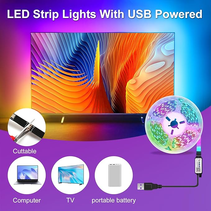 9.84ft Smart RGB LED TV Backlight Strip for 32-45 Inch TVs, Music Sync Bluetooth App & Remote Control, USB-Powered LED Lights for Bedroom, Gaming, Home Theater