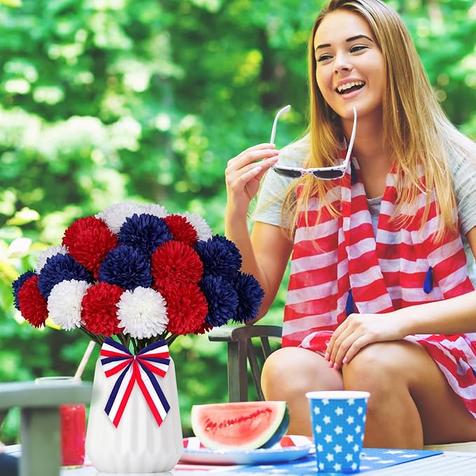 36 Pcs Artificial Chrysanthemums Flowers Patriotic Flowers Decor 4th of July Fake Silk Flowers Bouquet for Home Decor Indoor Memorial Day Table Centerpiece (Red, White, Blue)