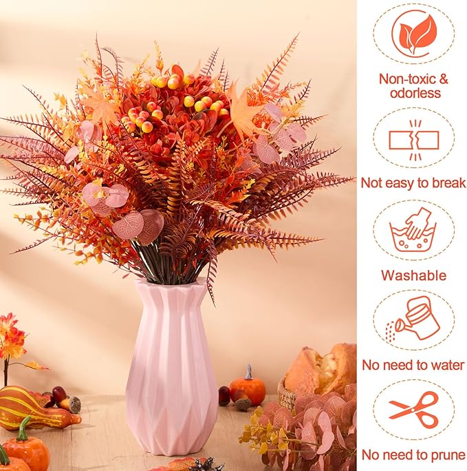250 Pcs Artificial Fall Greenery Stems Bulk Thanksgiving Eucalyptus Leaves Silver Dollar Foliage Floral Picks and Sprays Fake Faux UV Resistant for DIY Bouquet Vase Arrangement Table Decor