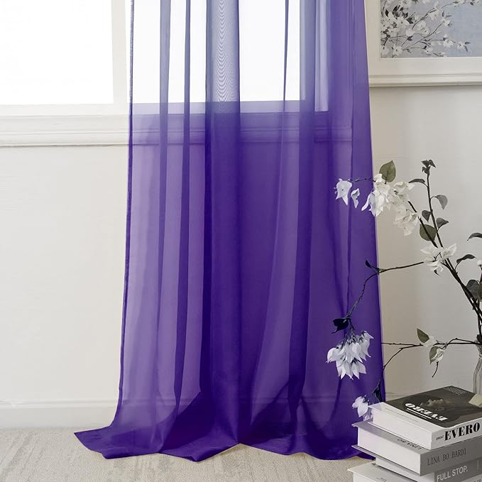 HUTO Purple Sheer Curtains 63 Inch Length for Girls Room Rod Pocket Voile Curtain Panels for Bedroom Living Room,Set of 2 Panels,52”x63”