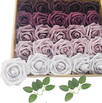 Artificial Fake Flowers 25pcs Roses, Shade of Dark Purple Foam Rose Faux Flower for DIY Wedding Bouquet Bridal Shower Centerpieces Floral Arrangements Party Table Home Decorations