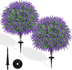 27.5" Artificial Boxwood Lavender Topiary Ball Trees, Set of 2 Fake Shrubs Bushes with Ground Spike, UV Resistant Faux Evergreen Plants for Outdoor Indoor Planters Front Porch Garden Decor