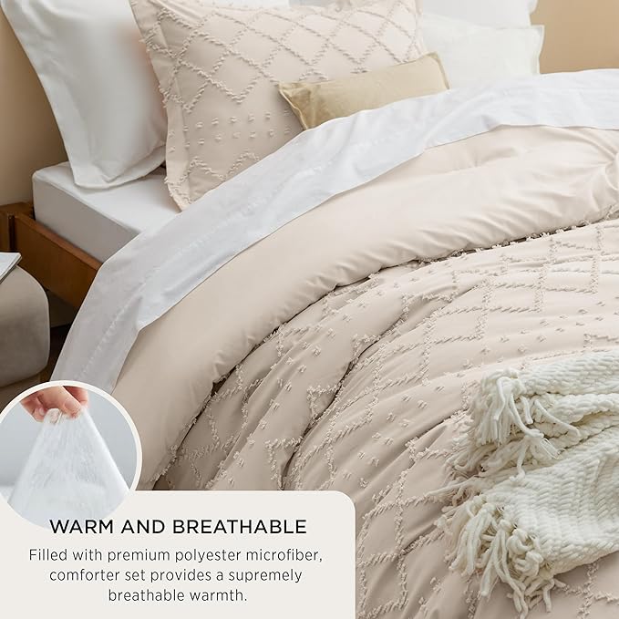 Bedsure Oversized King Comforter Set - Beige Comforter, Boho Tufted Shabby Chic Bedding, 3 Pieces Vintage Farmhouse Bed Set for All Seasons, Fluffy Soft Bedding with 2 Pillow Shams