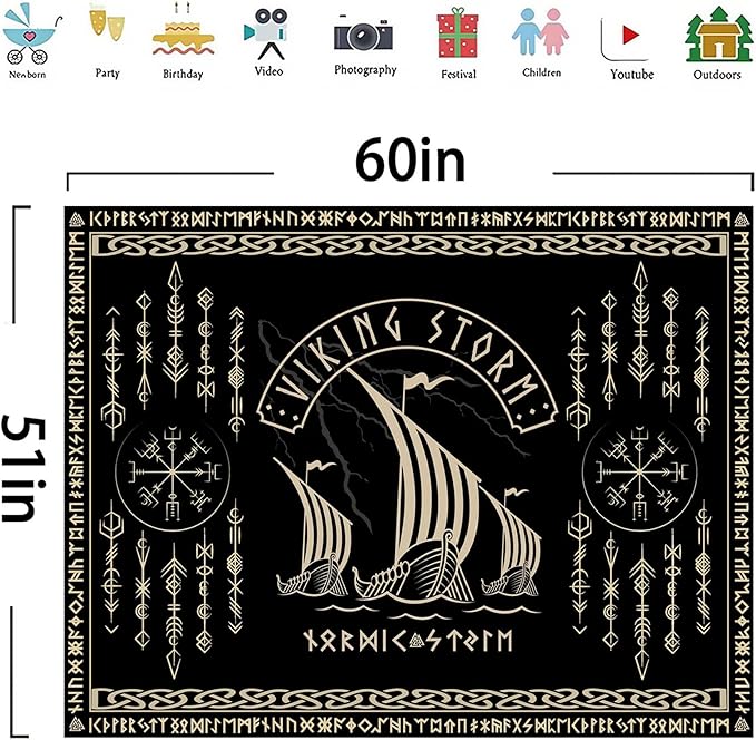 OSUNBD Viking Warship Tapestry Wall Hanging - Small 60x51inches Storm & Celtic Runes on Soft Flannel Aesthetic Mythology Tapestries Norse Mythology Art for Bedroom, Living Room Decor