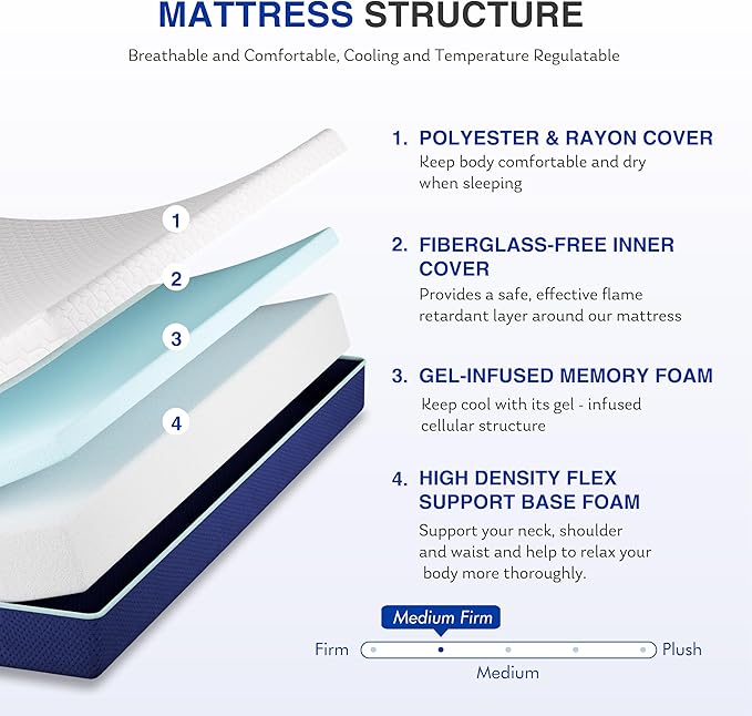 6 Inch TwinXL Size Mattress for Kids, Gel Cooling Memory Foam Mattress in A Box, Medium Firm Feel for Back Pain Relief, CertiPUR US Certified