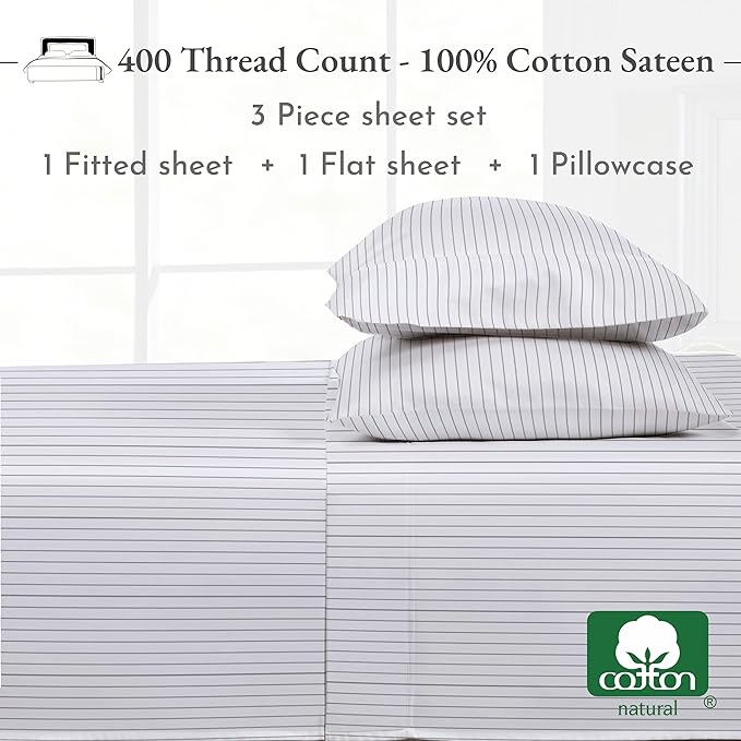 California Design Den Deep Pocket Twin Sheets Set - 400 Thread Count Sateen, Natural 100% Cotton Sheets, Cooling and Durable Bedding Set - Pinstriped