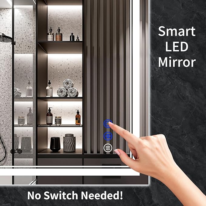 32"x24" LED Bathroom Mirror with Anti-Fog, Stepless Dimmable Lights, 3 Color Modes, Shatter-Proof Tempered Glass, Memory Function & Waterproof Design