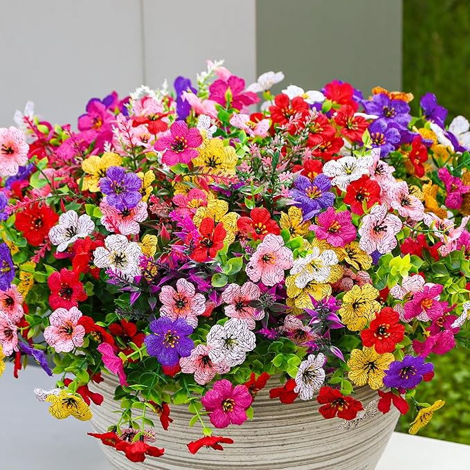 SHareconn 24 Bundles Artificial Flowers for Outdoors, Faux Plants Fake Silk Colorful Daisy Eucalyptus Lavender, UV Resistant for Outside Home Porch Patio Spring Decor, RedRosyPurpleYellowPinkWhite
