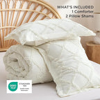 Bedsure Boho Comforter Set King - Ivory Tufted King Size Comforter, 3 Pieces Farmhouse Shabby Chic Embroidery Bed Set, Soft Fluffy Geometric Pattern Bedding for All Seasons
