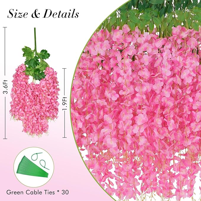 40 Pack Wisteria Hanging Flowers,Hanging Flowers,Fake Wisteria, Hanging Flowers for Decoration,Artificial Flowers,Vines for Bedroom, Wisteria for Wedding Decorations for Home Party(3.6 Ft/Pcs, Pink)