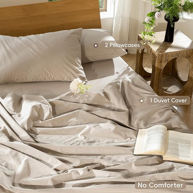 MooMee Bedding Duvet Cover Set 100% Washed Cotton Linen Like Textured Breathable Durable Soft Comfy (Heathered Taupe, Super Queen 90"x98")