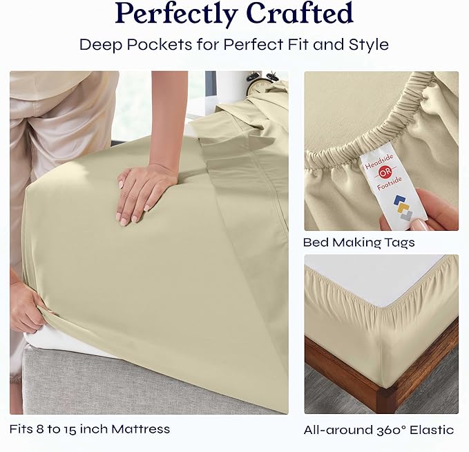 California Design Den Twin XL Sheet Sets - 400 Thread Count Sateen, 100% Cotton Bed Sheets, Deep Pockets, Soft & Breathable, Cooling and Durable Bedding Set - Beige (Golden Tone)