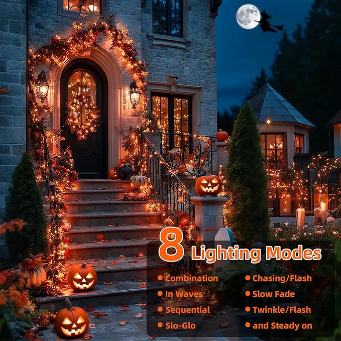66Ft 200LED Orange Christmas Lights Plug in,Connectable Christmas Tree Lights,8 Modes String Lights Indoor Outdoor for Halloween Tree Party Bedroom Garden Decor (Clear Wire)
