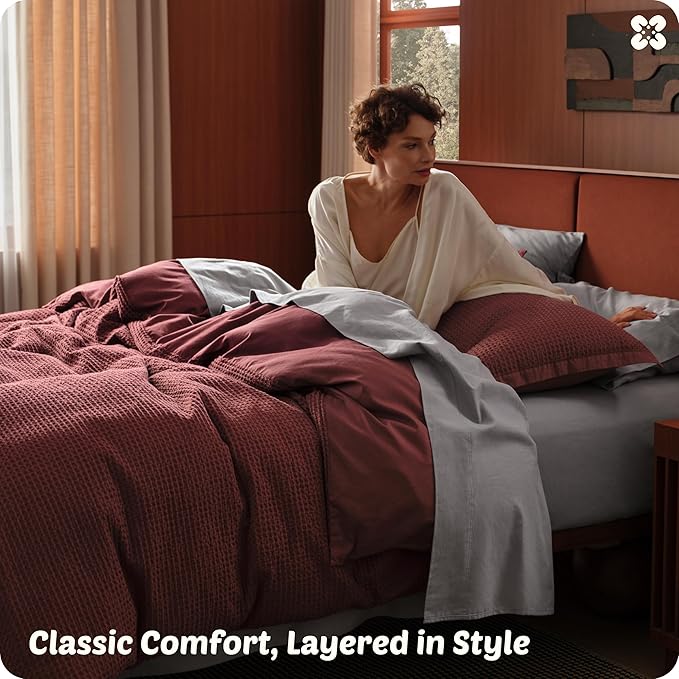 Bedsure Cotton Duvet Cover King - 100% Cotton Waffle Weave Maroon Red Duvet Cover King Size, GentleSoft™ and Breathable Bedding Set for All Season, 3 Pieces, 104"x90"