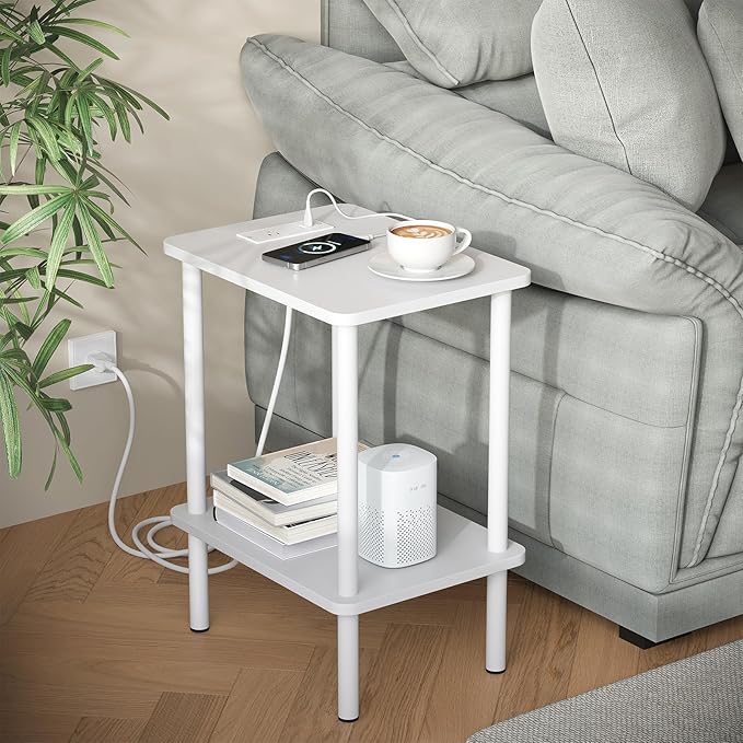 Apicizon 2 Tier End Table Set of 2, Small Side Table with Charging Station, Boho Bedside Table with USB Ports and Outlets, Nightstand for Small Spaces, Bedroom, Living Room, Easy Assembly, White
