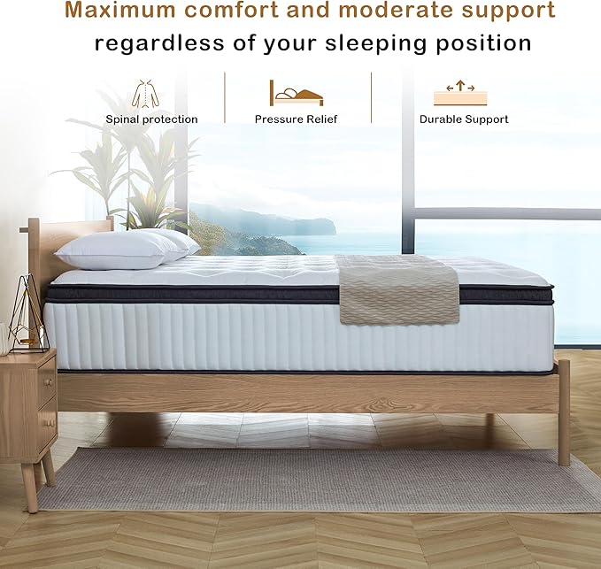 Queen Mattress, 14 Inch Innerspring Hybrid Mattress in a Box with Gel Memory Foam, Individually Wrapped Encased Coil Pocket Spring Mattresses, Pressure Relief, Medium Firm Support, 60"*80"*14"