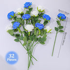 32 Pcs Blue, White Artificial Flowers Roses Fake, Silk Flowers with Stems for DIY Wedding Gothic Bridal Shower Centerpieces Arrangements Tables Decorations